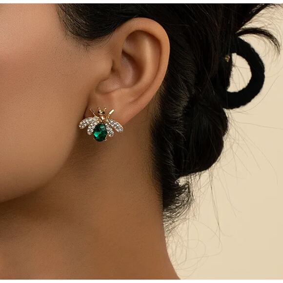 Bumble Bee Emerald Green Studs Gold Tone Earrings Gift Honey Bee Jewelry - Picture 1 of 7